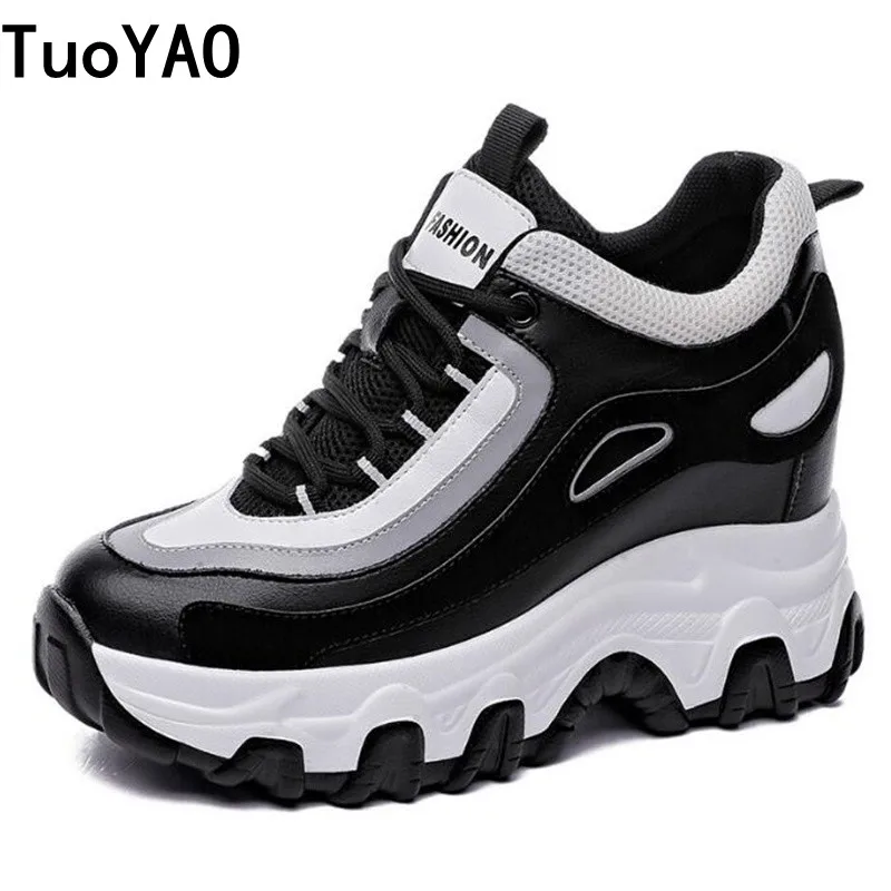 

Spring Autumn Genuine Leather Women Sport High Casual Shoes 9cm Platform Wedge Female Women Vulcanized Sneakers New Chunky Shoes