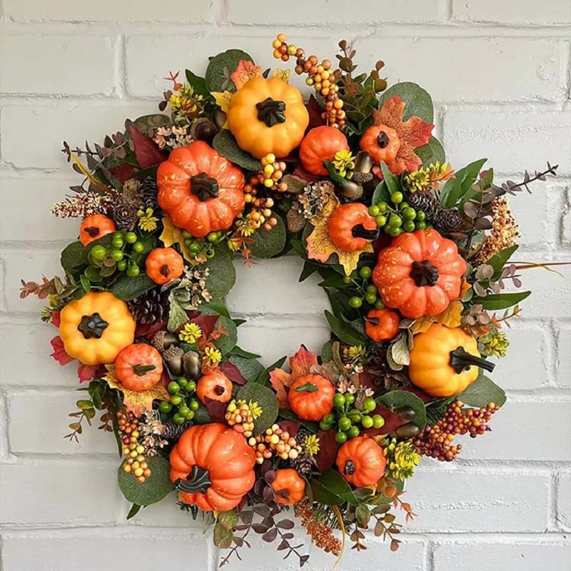 

Fall Wreaths for Front Door Halloween Artificial Wreath Garland With Pumpkin Maple Leaves Thanksgiving Autumn Harvest Decoration