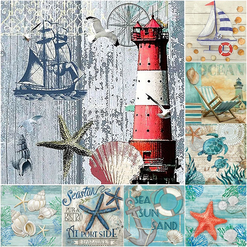 5D DIY Sea Diamond Painting Turtle Starfish Sailboat Full Drill Embroidery Scenery Mosaic Art Picture of Rhinestones Home Decor