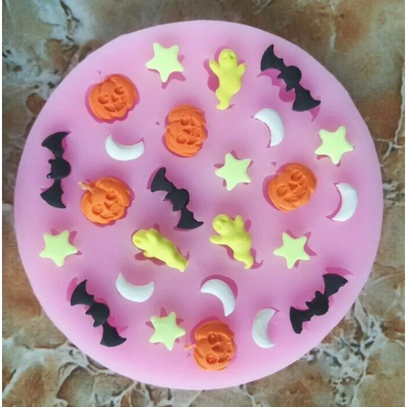 Halloween Non-Stick Silicone Baking Molds for DIY Fondant Chocolate Candy Cupcakes with Ghost Pumpkin Skull Witch Hat Designs