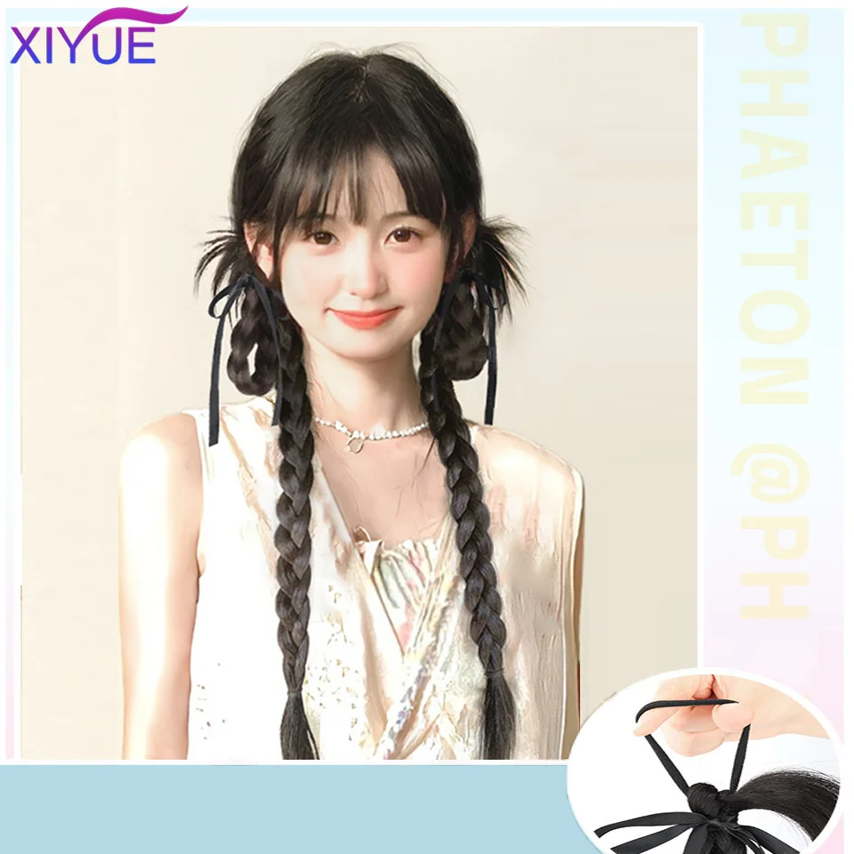 XIYUE  Wig Bubble Braid Double Ponytail Fuffy Imitation Fried Dough Twists Braid Ponytail Wig