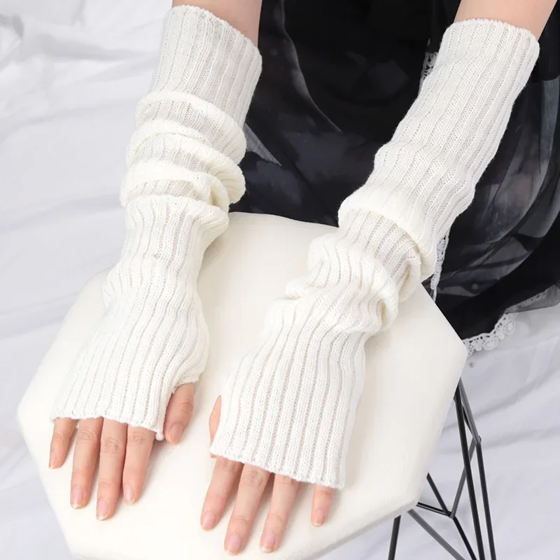 White Lolita Style Long Fingerless Gloves Women Winter Arm Warmer Knitted Arm Sleeve Casual Soft Girls Punk Gothic Mittens