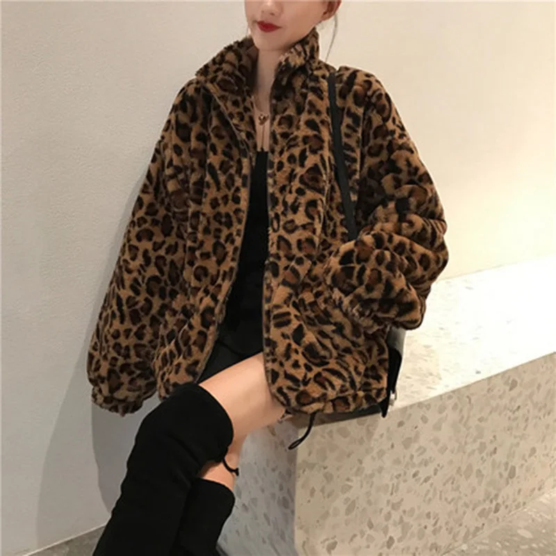 Vintage Leopard Warm Flurry Jacket Women Autumn Winter Thick Cropped Fake Fur Coat Korean Fashion Imitation Mink Zipper Outwear