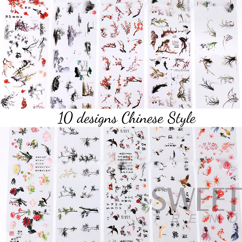 10pcs Chinese Style Nail Art Foils Ink Painting Characters Cloud Crane Design Transfer Sliders New Year DIY Decor Stickers DXK12 3