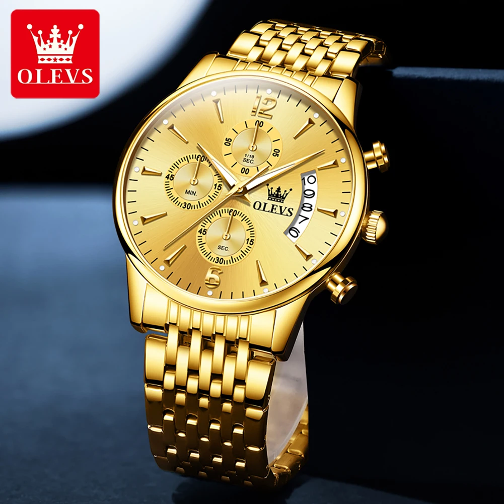 Olevs Merk Luxe Gouden Quartz Horloge Voor Heren Roestvrij Staal Waterdicht Sport Multifunctioneel Chronograaf Horloge Logio Masculino