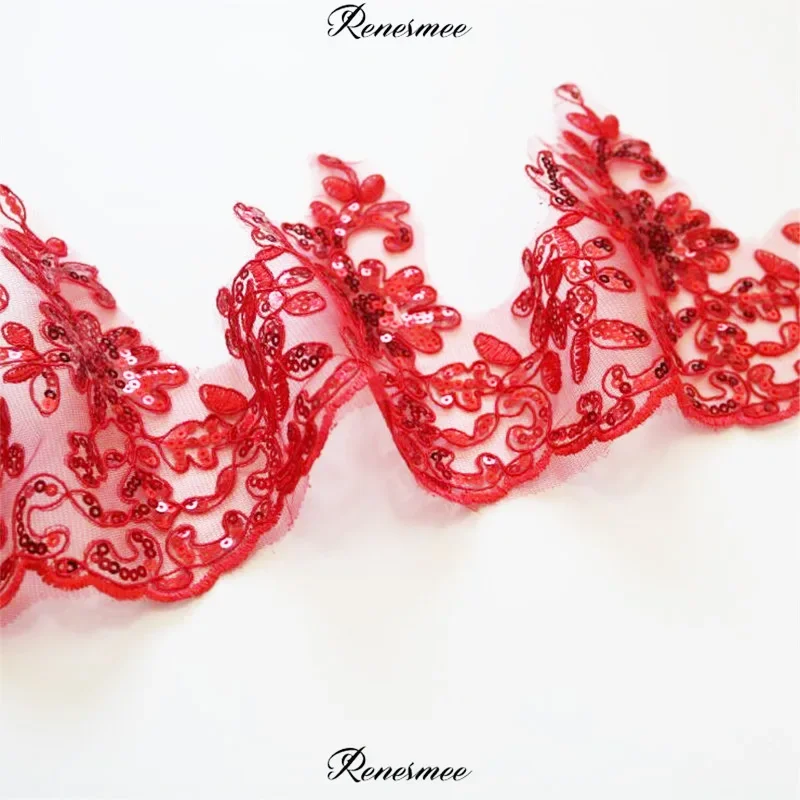 Lace Fabric lace ribbon 1Yard Navy Ivory Black Red Gold Embroidery Sequin Lace Trim For Bridal Wedding Gown