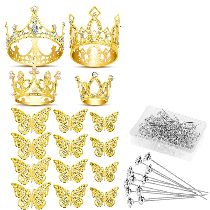 

Gold Crowns For Flower Bouquet Accessories, 4 Pcs Cake Crown Topper, 12 Pcs Butterfly Decorations And 50 Pcs Flower Pins