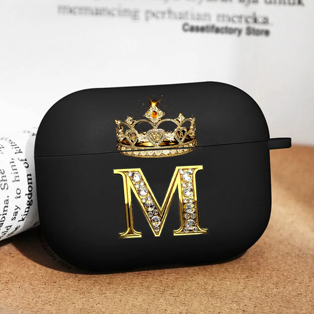 Elegant Diamond Crown Initial AirPods Case - Black Wireless Bluetooth Earphone Cover