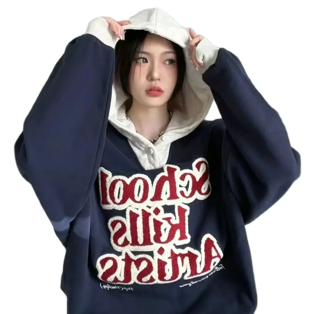 Korea Letter Print Oversized Hoodie Women'S Y2K Streetwear Loose Versatile Sweatshirt Clothes