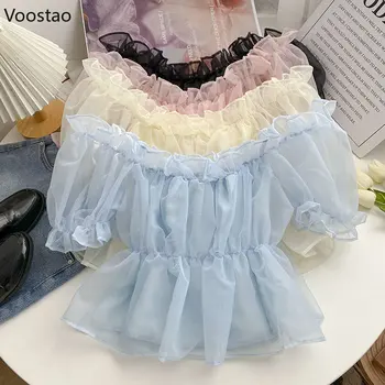 귀여운 여름 슬래시 넥 쉬폰 블라우스, 여성 한국어 캐주얼 메쉬 프릴 퍼프 슬리브 섹시한 셔츠 여성 의류 카와이 크롭 탑