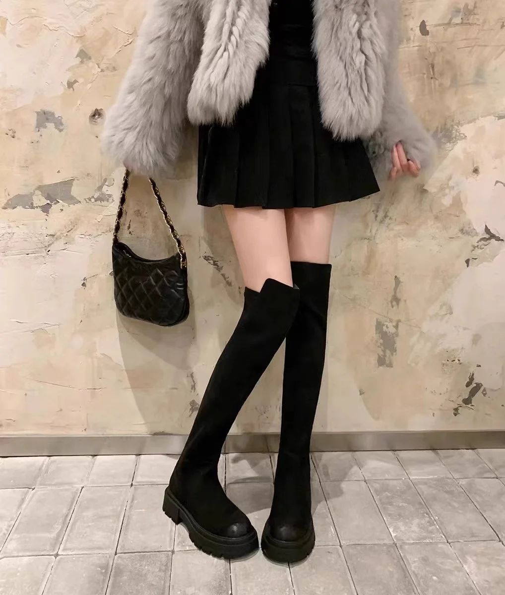 Kniehohe Stiefel für zierliche Personen, Herbst-/Winterkollektion 2024, dickbesohlte, schmale und dehnbare Stiefel,_voghion.com