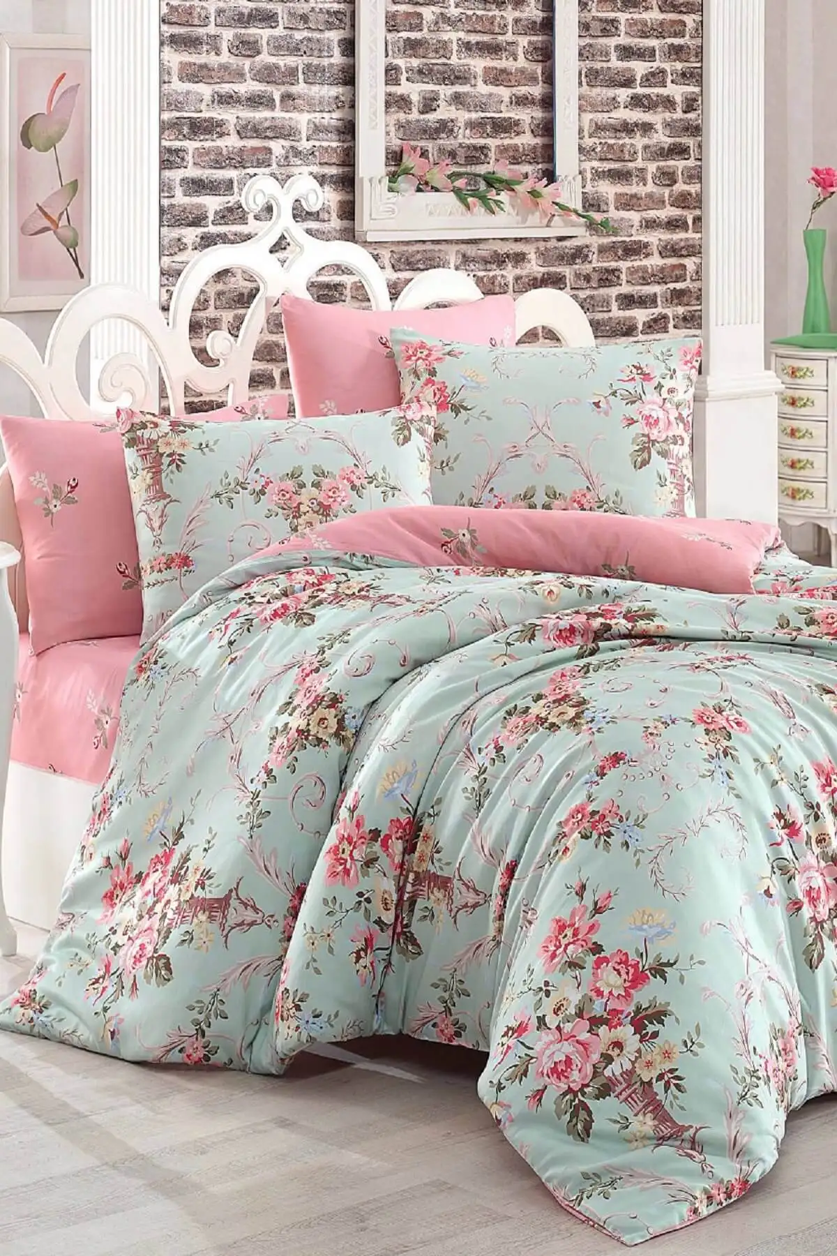 

Mint Double Easy Ironed Duvet Cover Set Alanur Cotton-Polyester 200x220 Green One Size Bedroom Without Tires