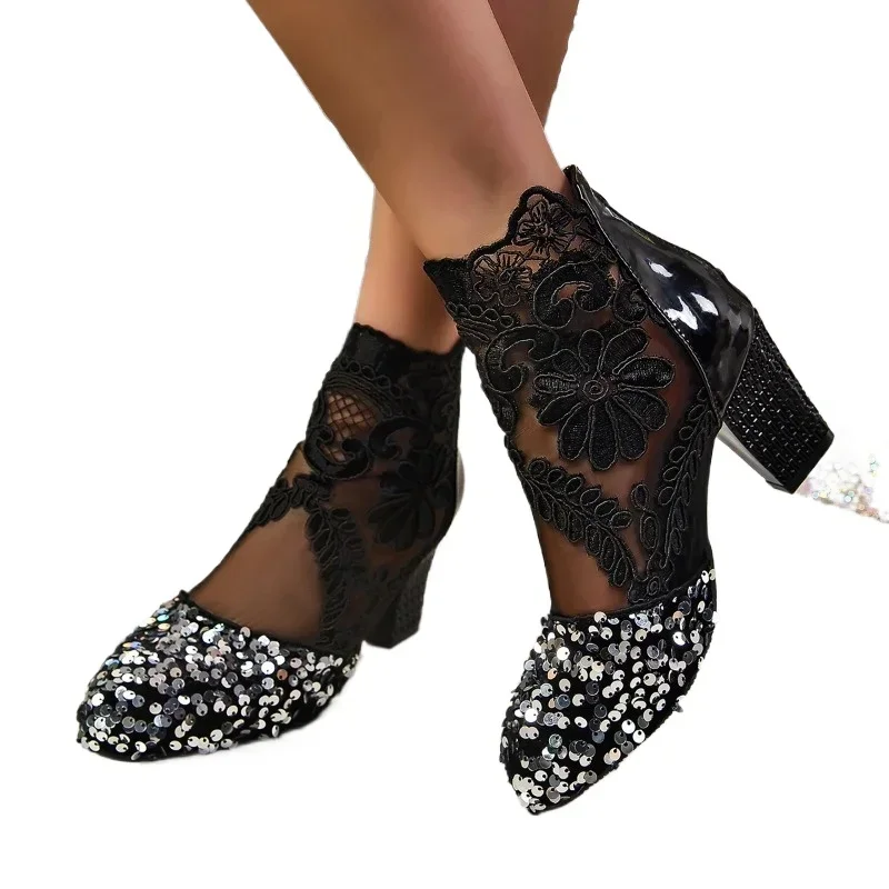 Womens Shoes 2024 New Zipper Womens Boots Fashion Bling Modern Boots Hot Plus Size Square Heel Pointed Toe Ankle Bo