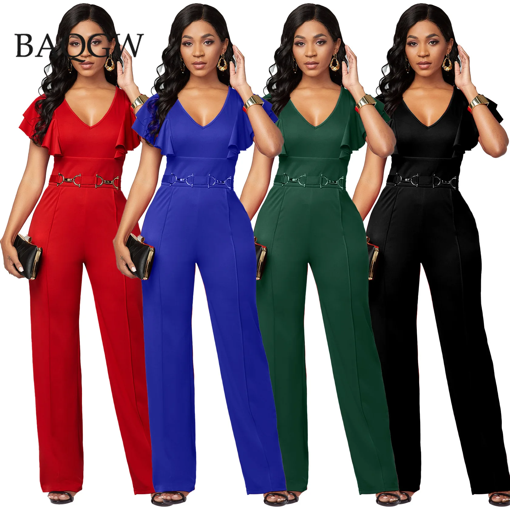 

Summer Sexy Jumpsuit Women Solid Color V-neck High Waist Ruffles Sleeve Waist Decoration Office Lady Elegant Rompers Partywear