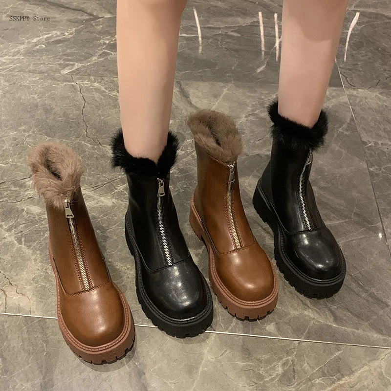 

Женские зимние ботинки на толстой подошве, новинка 2022, осенне-зимние хлопковые сапоги, модные удобные короткие сапоги с круглым носком для женщин