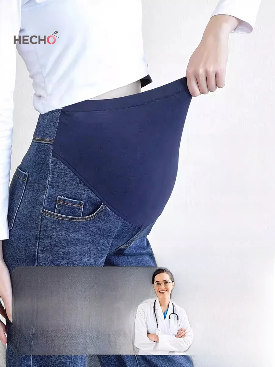 편안한 임산부 청바지 스트레이트 레그 와이드 레그 팬츠 루즈핏 배 부분이 넓은 캐주얼 봄 패션 아우터웨어 데님 롱 팬츠