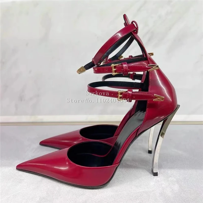 

Wine Red Black Women Pumps Sexy Stilettos High Heels Pointed Toe Sandals Three Ankle Straps Buckle Shallow Party Office Shoes