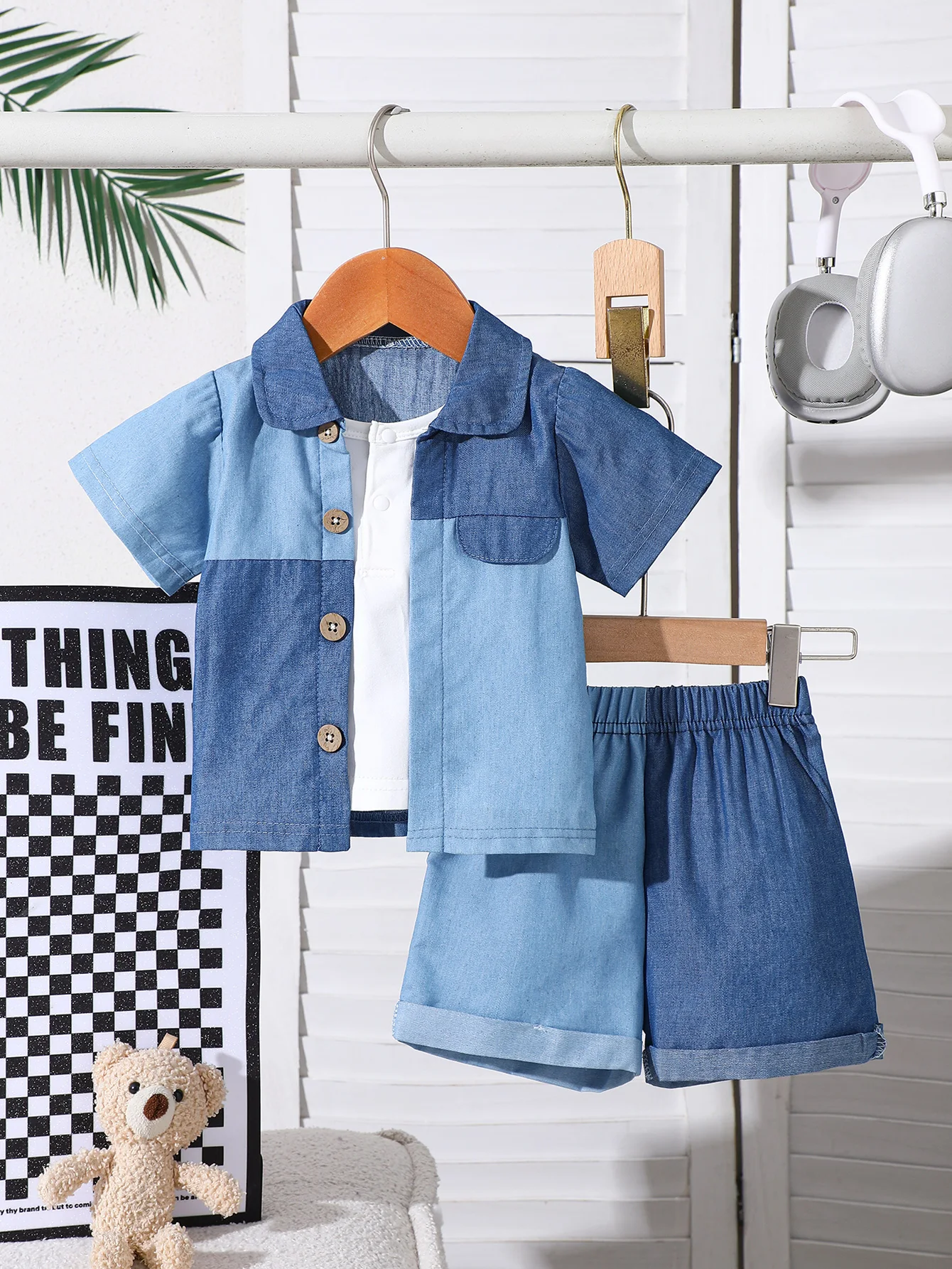 IURNXB 2pcs 여름 어린 소년 데님 패치 워크 가짜 투피스 반팔 셔츠 + ..