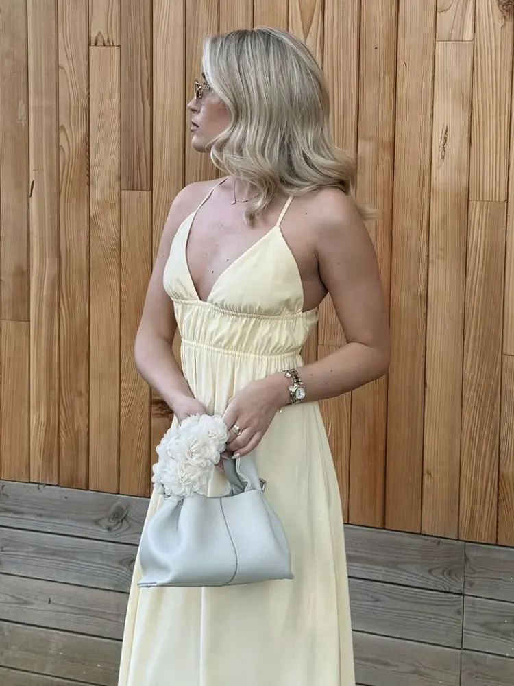 HH Women Elegant Yellow Sleeveless Dress Sexy Backless V-Neck Camisole Long Dresses Fashion Female Party Evening Dress