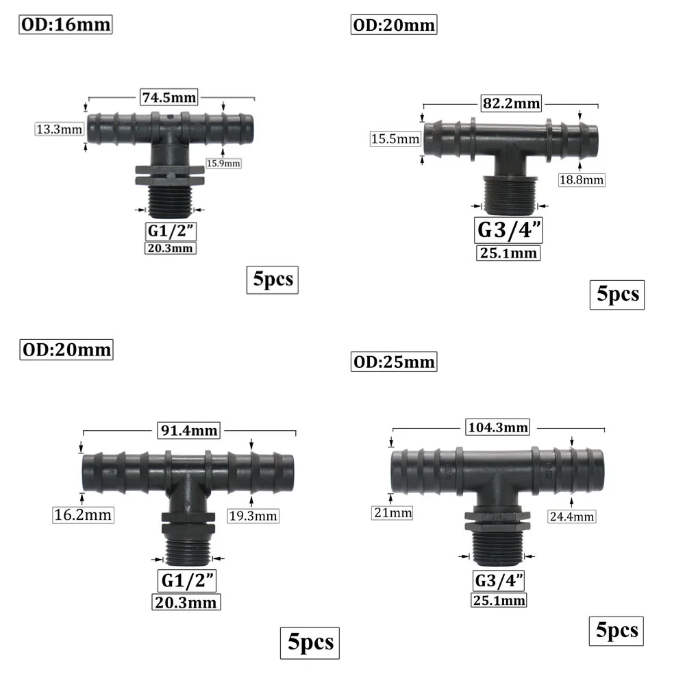 Description Picture 5 of item2-way Pe Hose Barb Connect 1/2 3/4" Thread 16/20/25mm Hose Water Splitter For Garden Irrigation