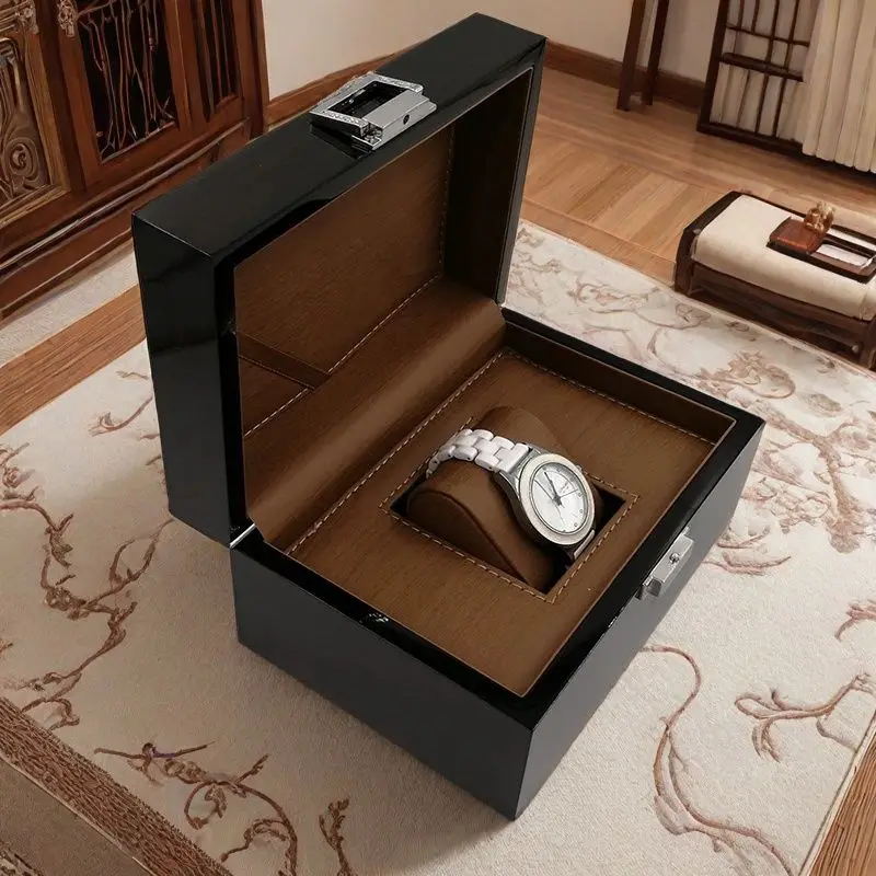 Premium wooden watch box with lacquer finish and soft cushion interior – ideal for storage or gifting, includes free shipping in Singapore.