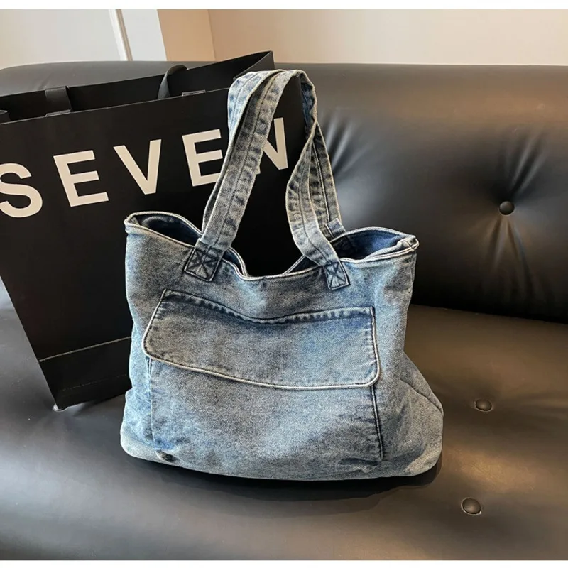Women's Tote Bag 2024 New Washed Denim Large Capacity Solid Color Lazy Style Commuting Crossbody Fashionable Shoulder Bag
