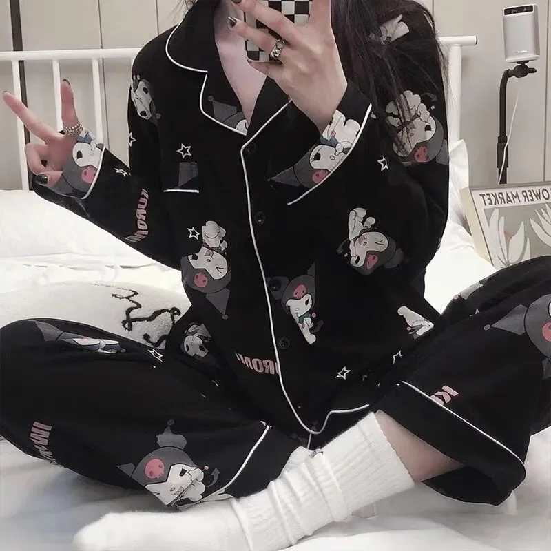 Women Pajamas Set Women Pajama Suit Cotton Pajamas Set Sanrio Cartoon Anime Kuromi Nightwear Women's Autumn Cute Long Sleeve Collar Cardigan Comfortable Home Clothes Set