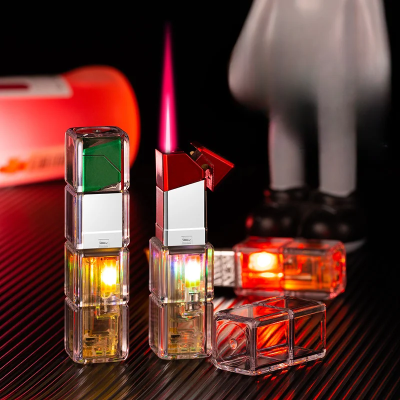 

New Transparent Red Flame Jet Lighter Lipstick LED Light Windproof Gas Lighters Cool Luminous Torch Lighter Lady For Gift