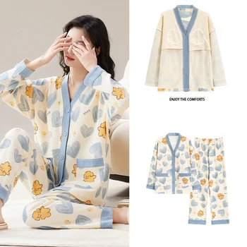 Women's Pajamas New Spring And Fall Women's Long-sleeved With Chest Pads Can Cardigan Cotton Pajamas Set Homewear Suit