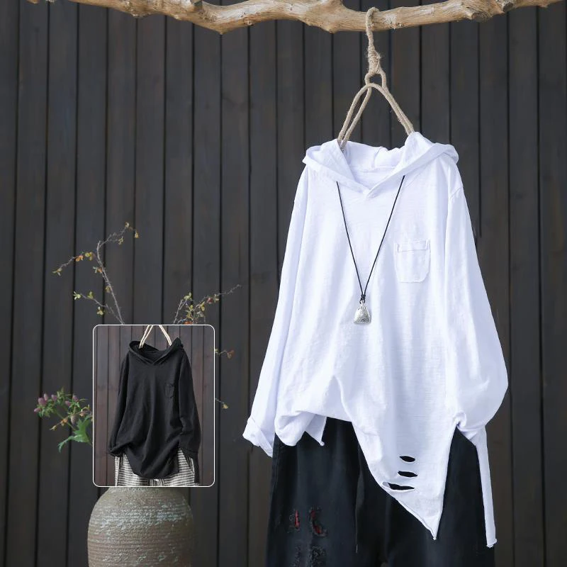 

Женская хлопковая футболка с капюшоном, черная или белая Повседневная футболка оверсайз с длинным рукавом и разрезом, в винтажном стиле Харадзюку, Размер 2xl
