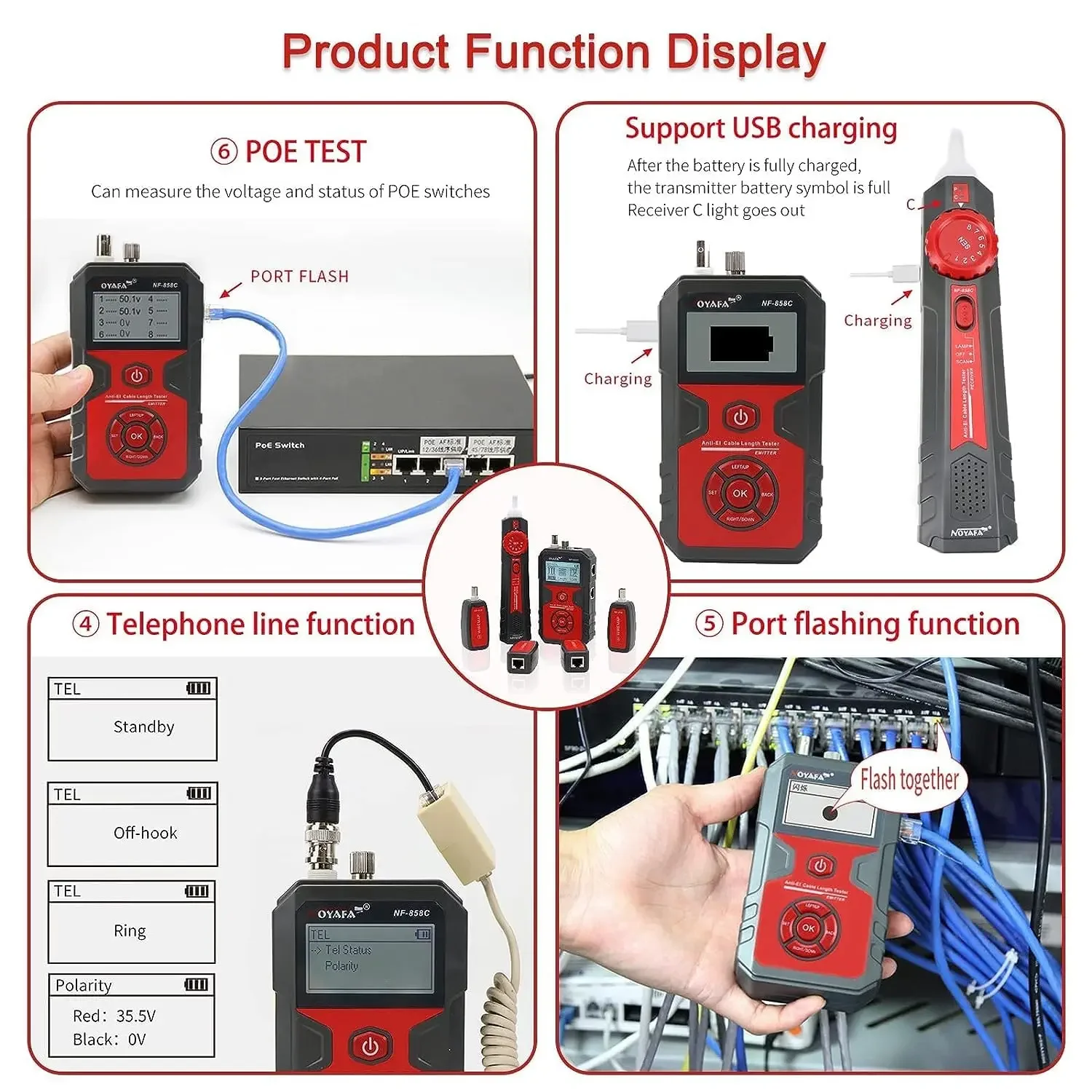 [ NEW] NF-858C Network Cable Tester Multifunctional With VFL Function RJ11 RJ45 BNC POE Voltage Testing Trace Cable Line Loc