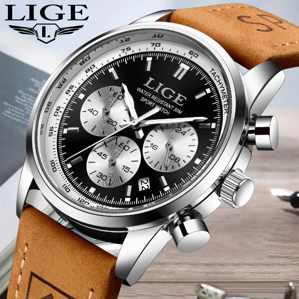 

LIGE Fashion Creative Leather Watch Men Top Brand Luxury Quartz Mens Watches Military Sport Waterproof Chronograph Wristwatch