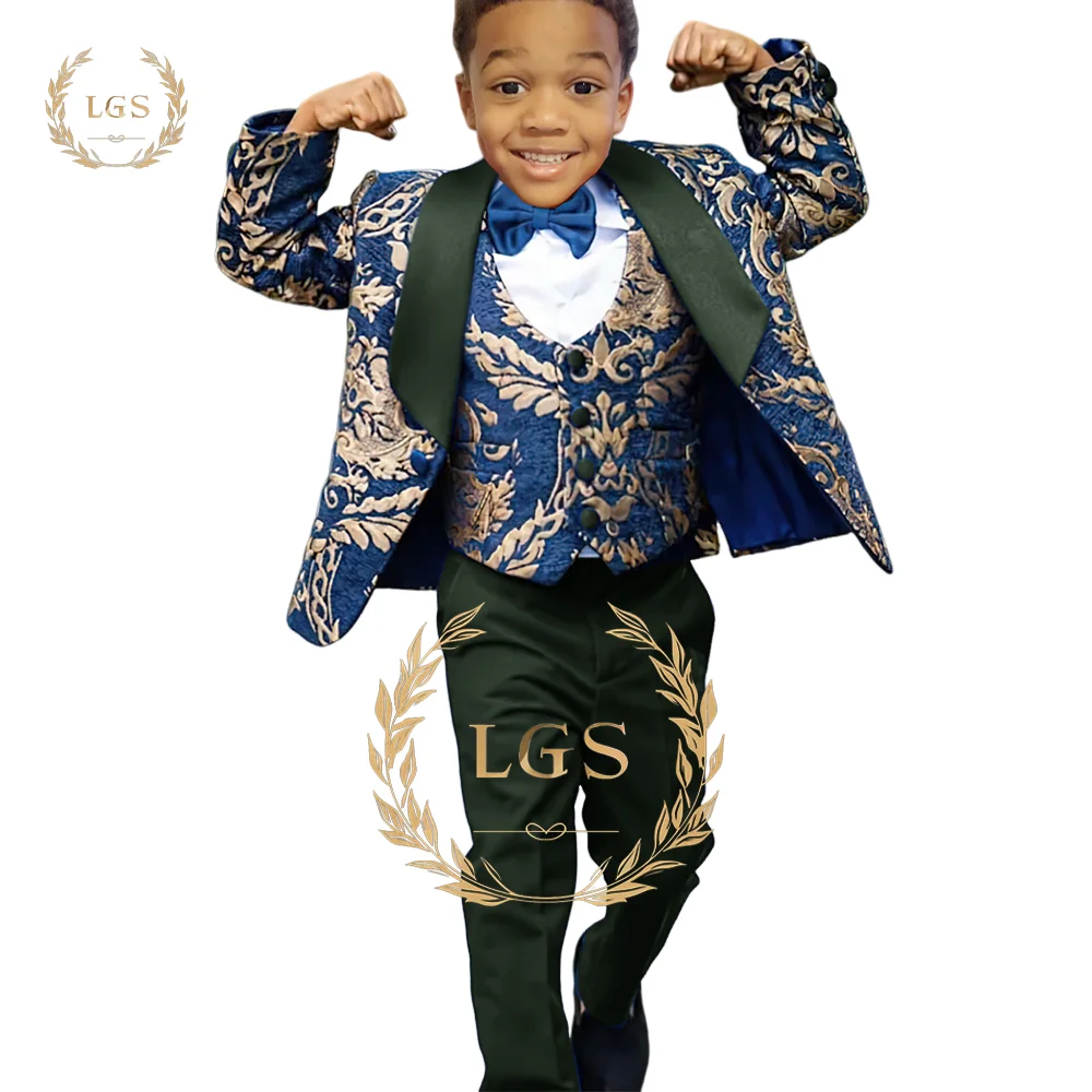 Boys Gold Pattern Suit 3 Piece Wedding Floral (Jacket Pants Vest) Jacquard Suit Blazer Children's Custom Suit