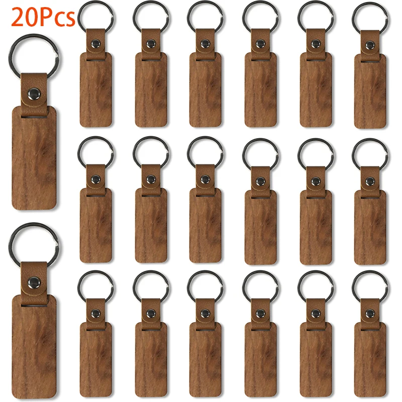 

20Pcs Blank PU Leather Keychain Wood Pendant Rectangular Small Gift Wood Key Chain