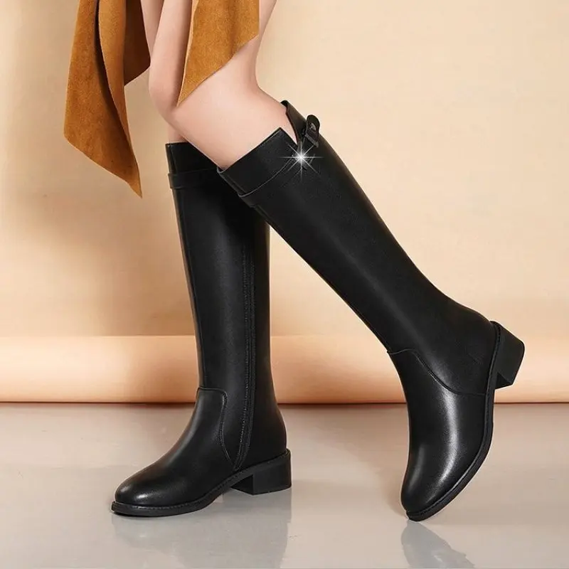 Women Knee-high Boots Genuine Leather Natural Leather Ladies Bootie Autumn and Winter Boots Goth Shoes Fashion Casual Plus Size