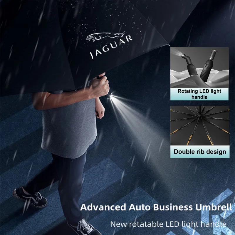 Double Bones Automatic Folding Umbrella With LED Rotatable handle Car Business Luxury For Jaguar XEL XF XFL XJ F-TYPE F-PACE E-P car handle