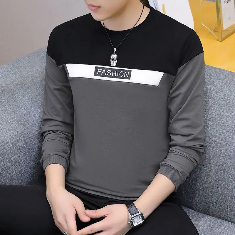 

Fashion O-Neck Spliced Printed Letter Casual T-Shirt Men's Clothing 2023 Autumn New Loose Korean Pullovers All-match Tee Shirt