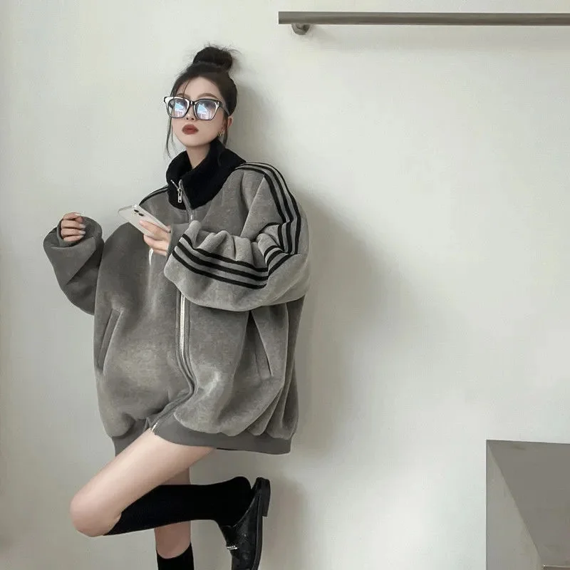 Anti Lamb Wool Coat Women Fat MM2023 Winter New Korean Version Loose Simple Versatile Plus Fleece Thickened Baseball Jersey Top