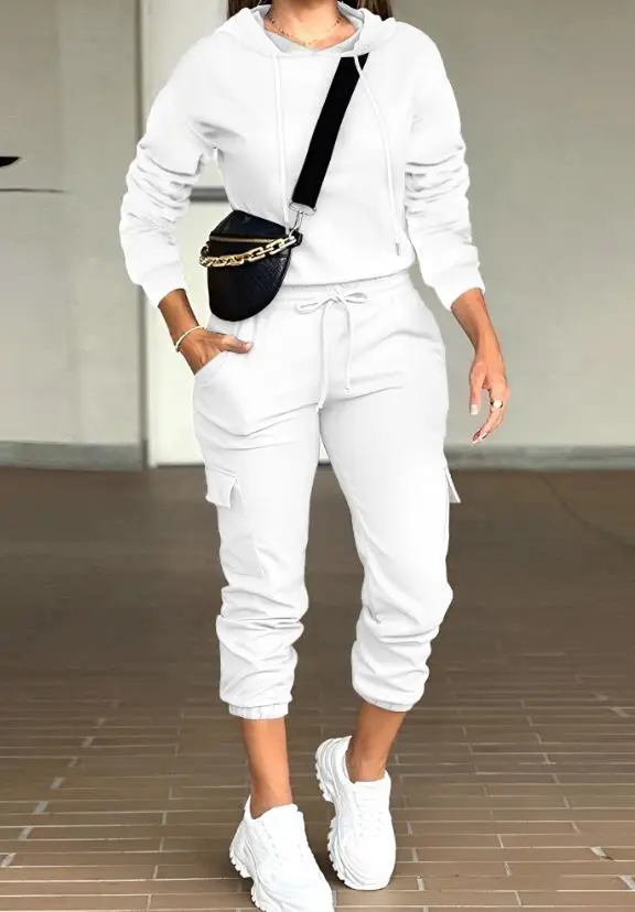 Two Piece Set Women Outfit 2023 Spring Fashion Long Sleeve Hooded Top & Casual Plain Pocket Design Drawstring Long Pants Set