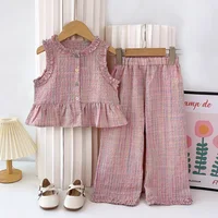 Ensemble deux pièces d'été rose pour filles, avec haut sans manches à simple boutonnage et pantalons décontractés, nouveaux ensembles de vêtements pour enfants 1
