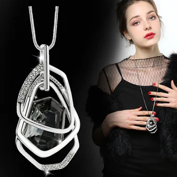 Gold&Silver Color Rhinestone Long Necklace Vintage Punk Triangle Square Oval Crystal Glass Pendant Necklaces Women Jewelry
