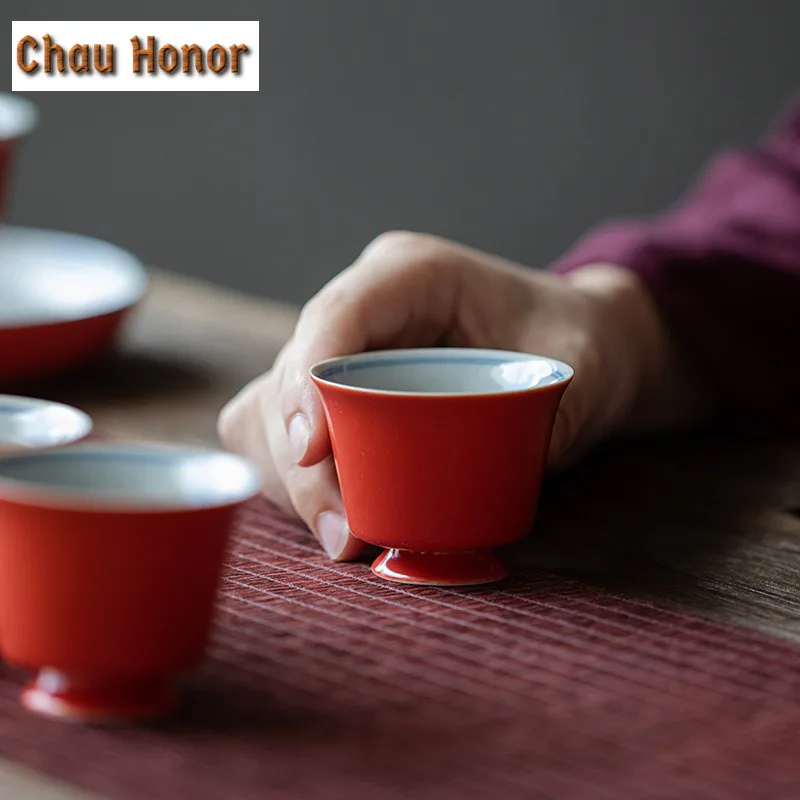 45ml Coral Red Glaze Ceramic Tea Cup With Coaster Hand-painted Double Line Single Master Cup Household Set Kung Fu Teaware Set