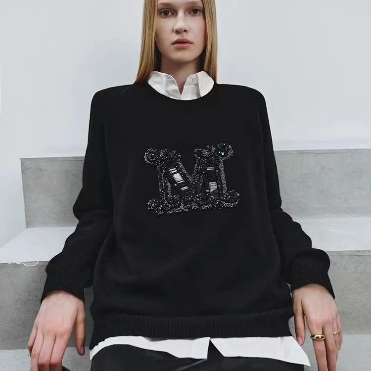 

100% Cashmere Versatile Heavy Industry Letter Pullover Cardigan for Women