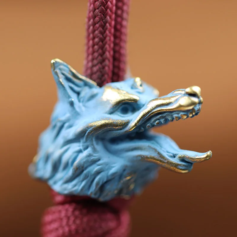 Three Eyes Wolf Head Sculpture Brass Knife Beads DIY Paracord Handmade Woven Lanyard Pendant Accessories EDC Outdoor Charms Tool