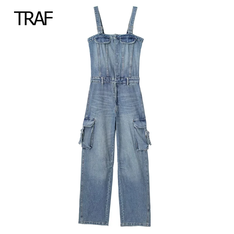 

TRAF Overalls Denim Jumpsuit Women Summer Blue Straps Backless Wide leg Pockets Female Jeans Cargo Jumpsuit 2023 New Lady Romper