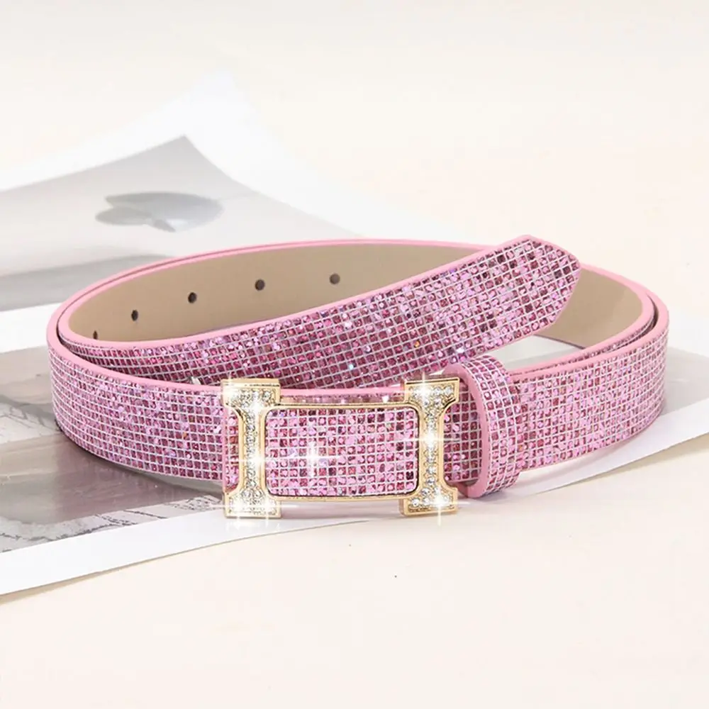 Fashion Bling Bling Sparkling Rhinestone Belt Glitter Versatile PU Leather Belt Luxury Brand Design Slide Buckle Belt Women