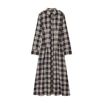 Women's Dress Pleated Plaid Collared Long-Sleeve Midi Dress Autumn Casual Women's Long Dress