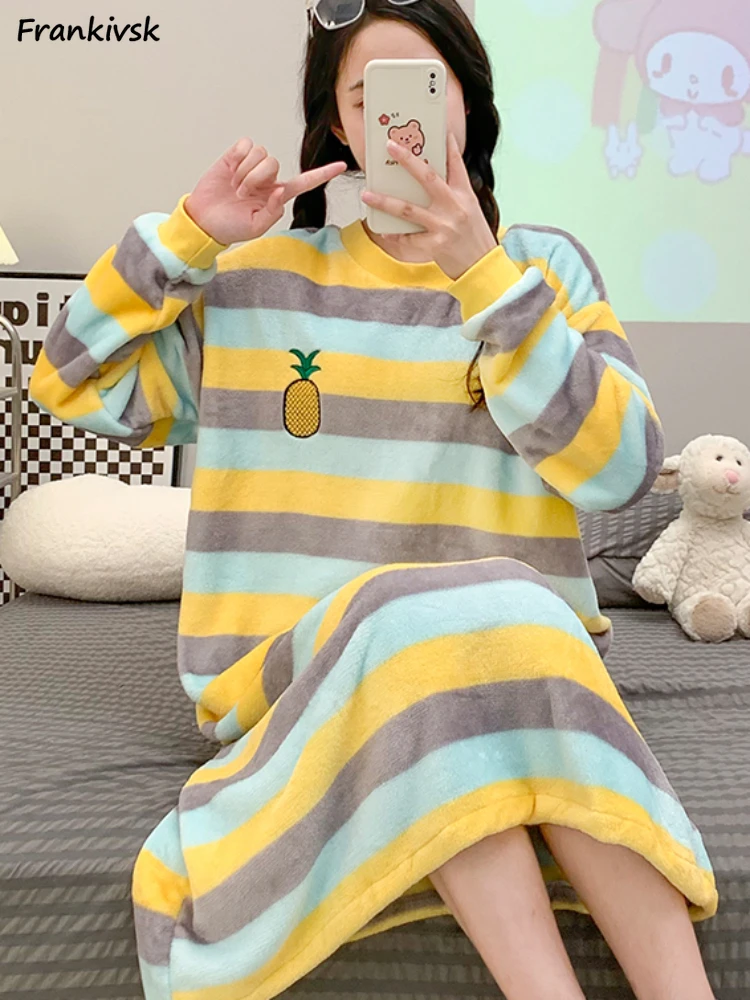 

Striped Nightgowns Women Contrast Color Simple Baggy Cozy Midi-calf Fashion Aesthetic Korean Style Sweet Loungewear College Chic