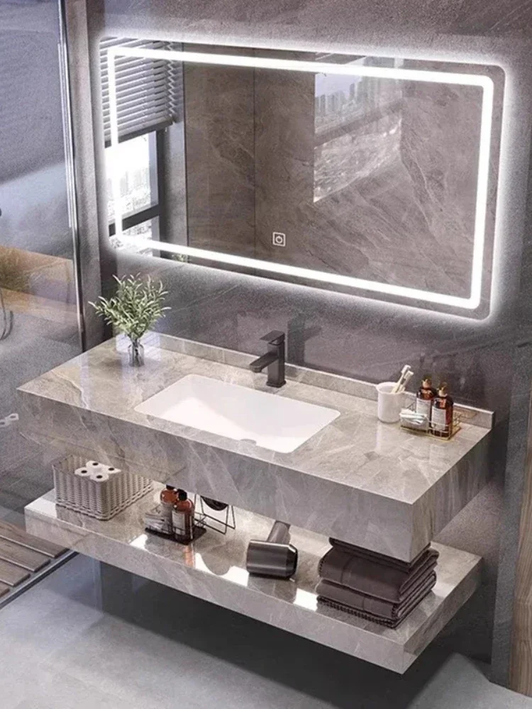 Hotel Smart Bathroom Cabinet Rock Plate Ceramic Seamless Integrated Basin Mirror Cabinet Fashion Simple Furniture Шкафы FYBC