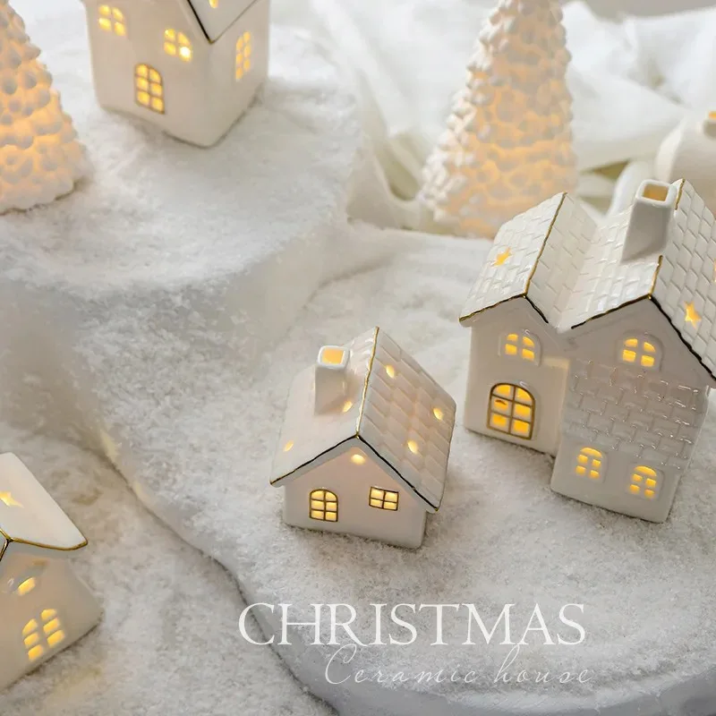 Miniature Christmas Village Houses Decor Snowflake LED Glowing Castle White Porcelain Desktop Ornament Christmas Decorations